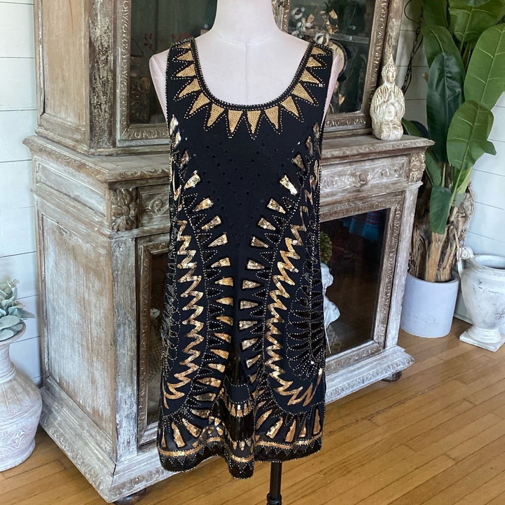 PROMGIRL VERTY PROM BLACK MINI DRESS GOLD SEQUINS MEDIUM NEW